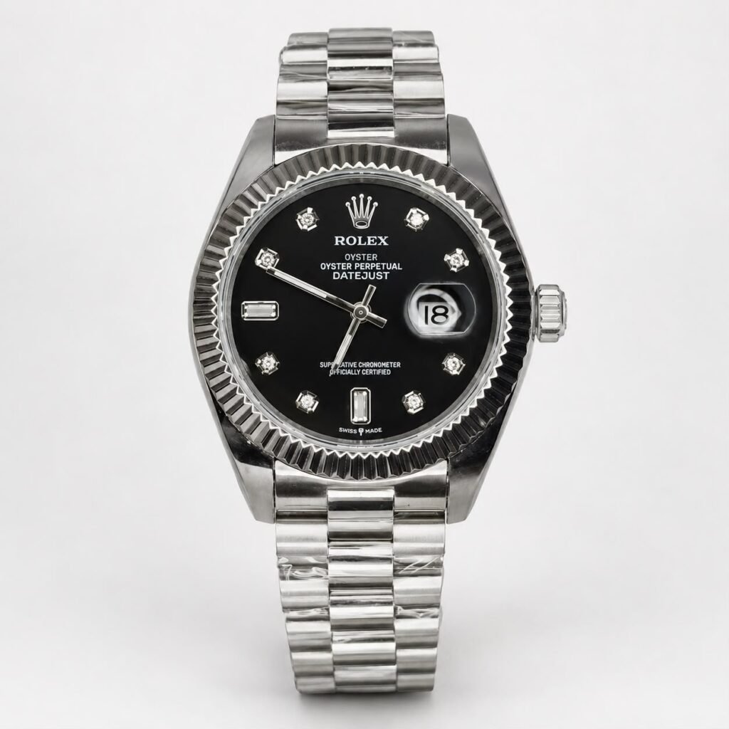 Black dial silver stainless steel date watch