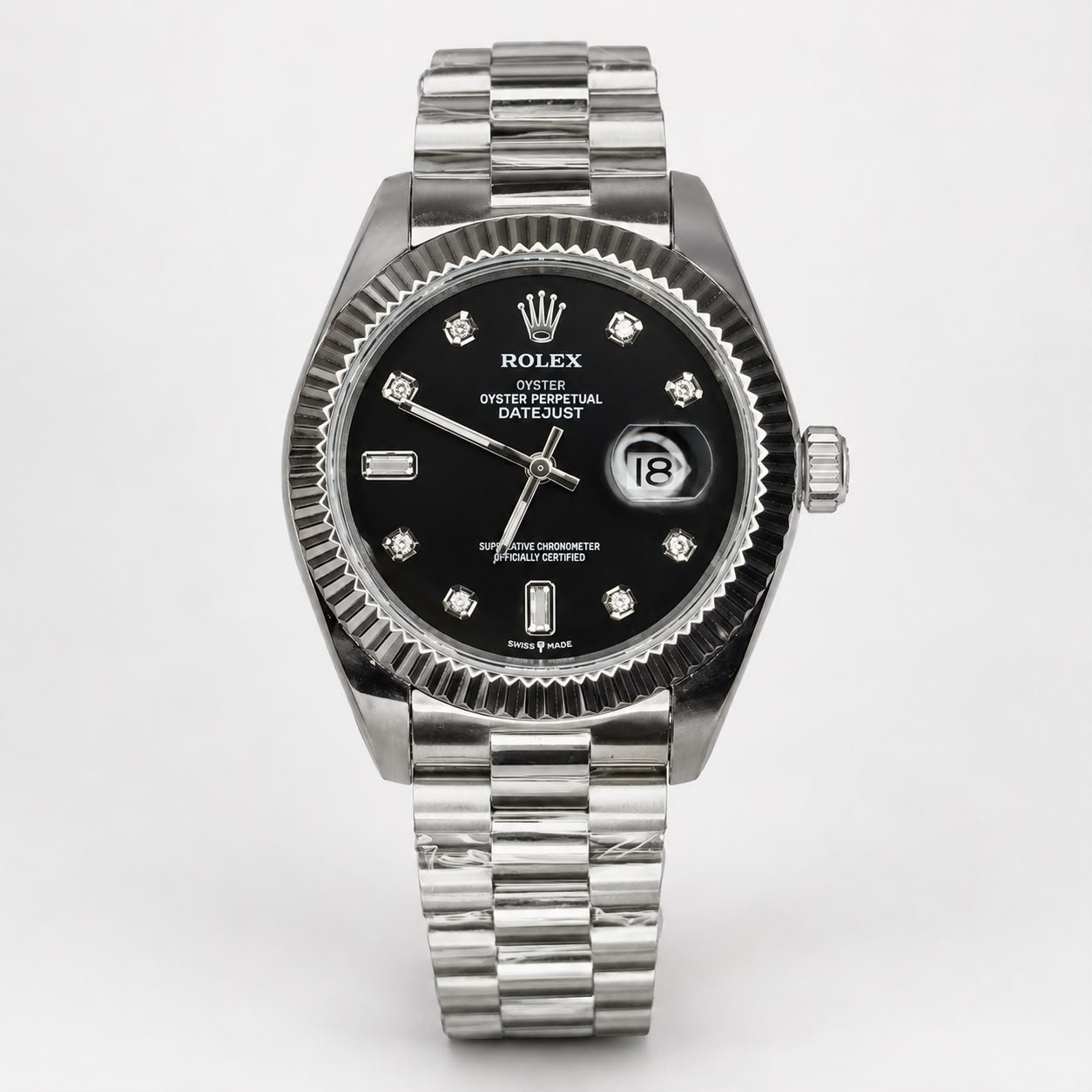 Black dial silver stainless steel date watch