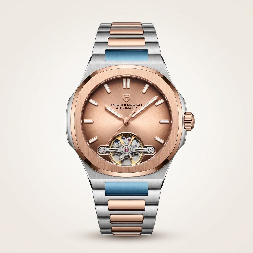 Pagani Design PD-YS025 automatic watch with rose gold sunburst dial, open heart, and two-tone stainless steel bracelet."
