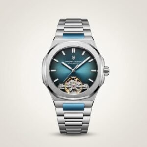 Pagani Design PD-YS025 automatic watch with sky blue dial, open-heart movement, and silver stainless steel bracelet.