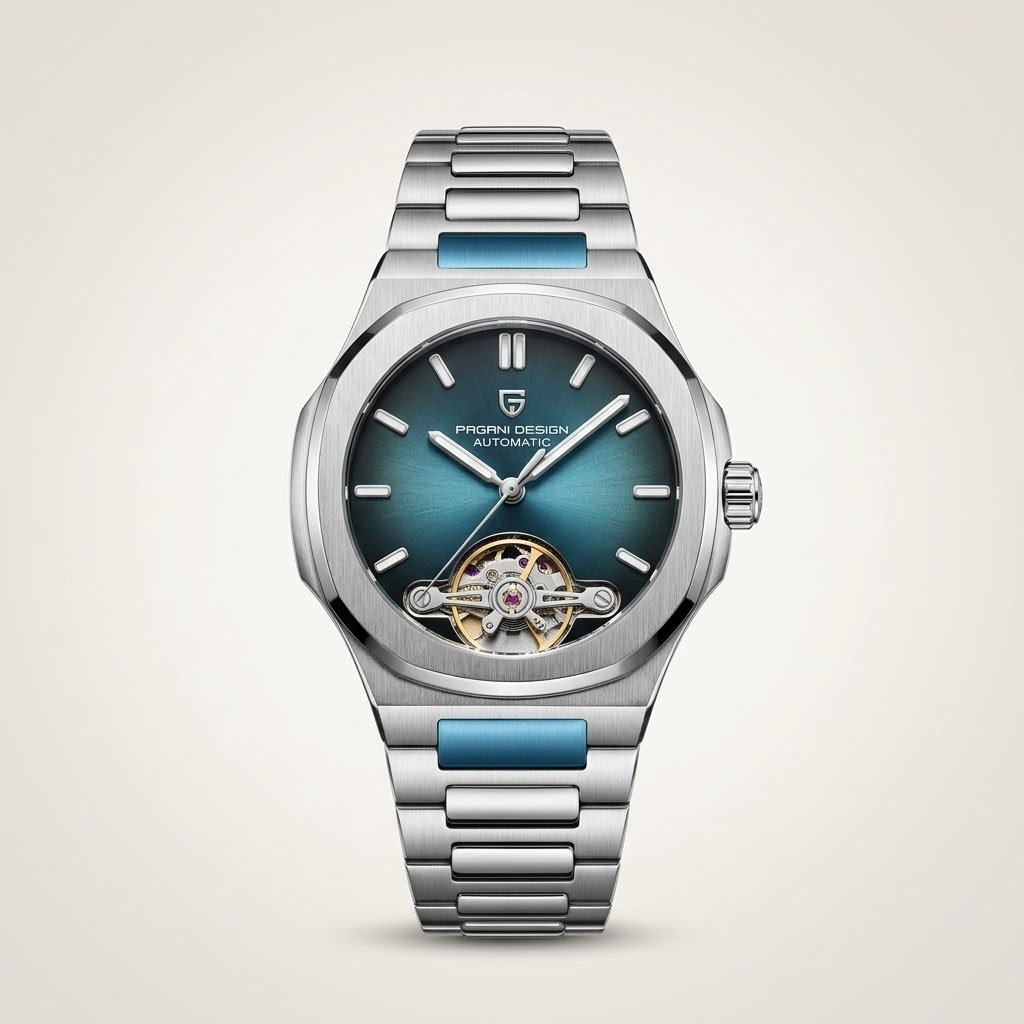 Pagani Design PD-YS025 automatic watch with sky blue dial, open-heart movement, and silver stainless steel bracelet.