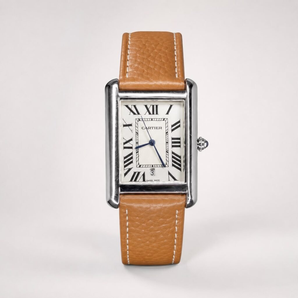 Rectangular silver-tone watch with white dial, black Roman numerals, blue hands, date window, and tan leather strap with white stitching.
