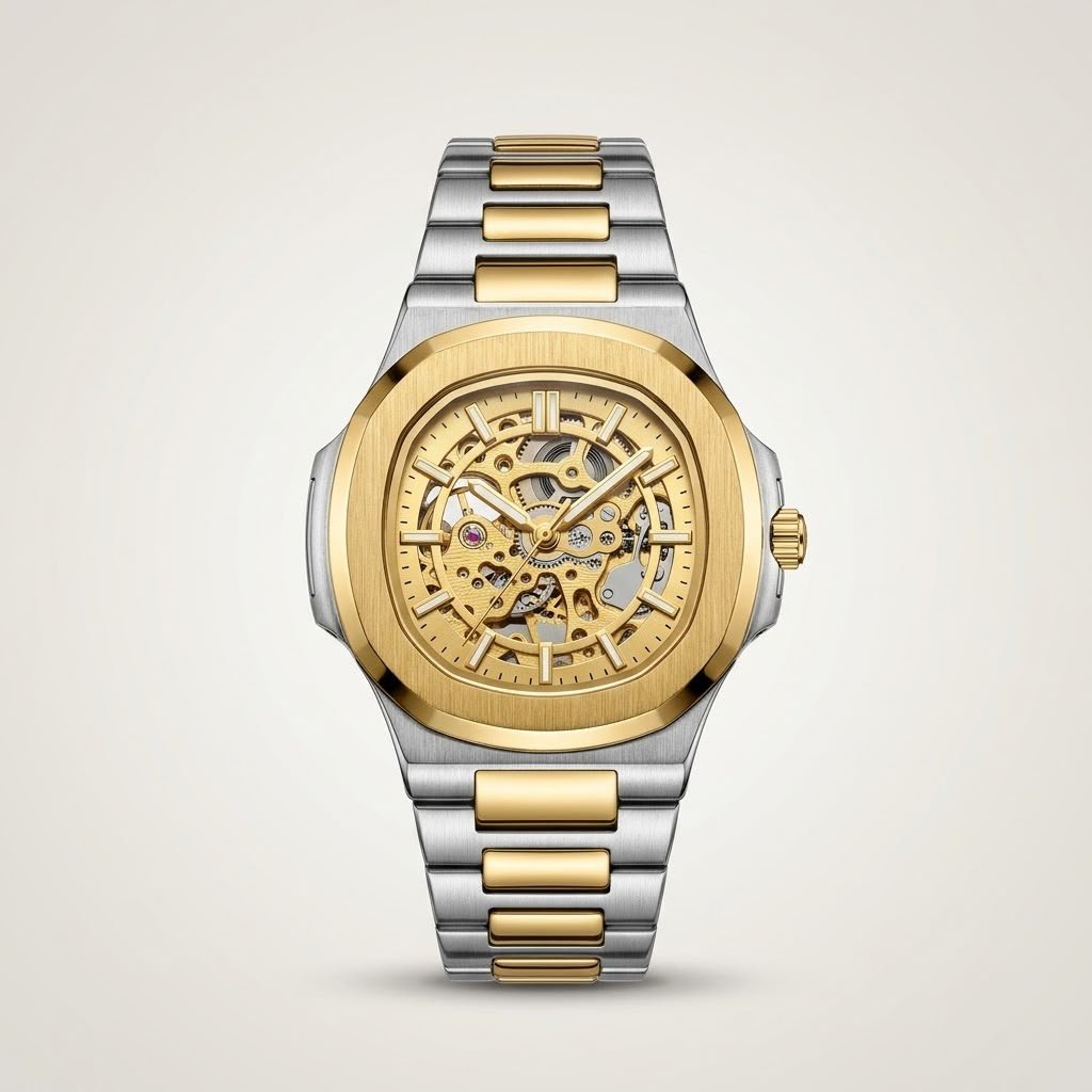 Two-tone stainless steel skeleton watch with gold bezel, silver bracelet, and exposed automatic movement.