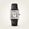 ilver rectangular tank-style watch with white dial, black Roman numerals, and black leather strap.