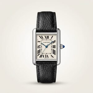 ilver rectangular tank-style watch with white dial, black Roman numerals, and black leather strap.