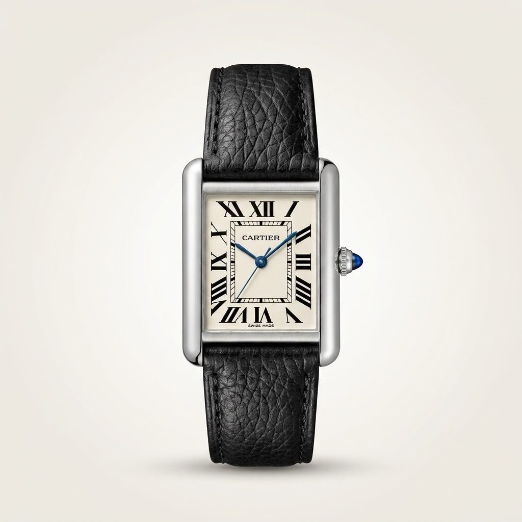 ilver rectangular tank-style watch with white dial, black Roman numerals, and black leather strap.