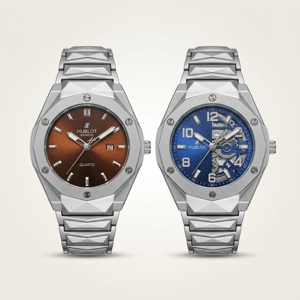 wo silver-tone sports watches with integrated bracelets and faceted bezels, one with a brown dial and one with a blue skeleton dial.