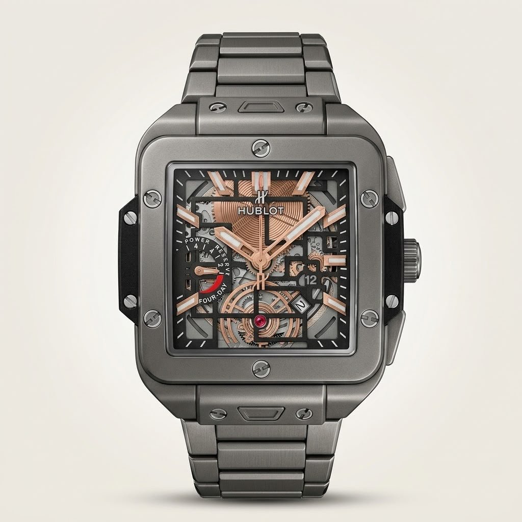 Square grey titanium-style skeleton watch with rose gold hands, visible movement, and rubber-inlaid metal bracelet.