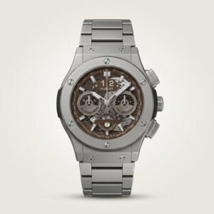 Silver-tone chronograph watch with brown skeleton dial, three sub-dials, tachymeter bezel, and stainless steel bracelet.