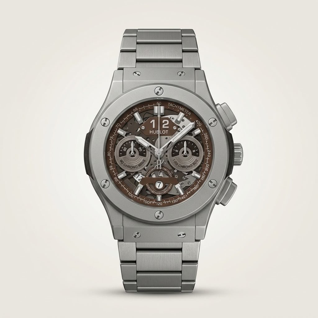 Silver-tone chronograph watch with brown skeleton dial, three sub-dials, tachymeter bezel, and stainless steel bracelet.
