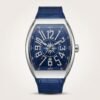 Stainless steel Tonneau-shaped watch with blue dial, nautical compass rose, large Arabic numerals, and blue leather strap.