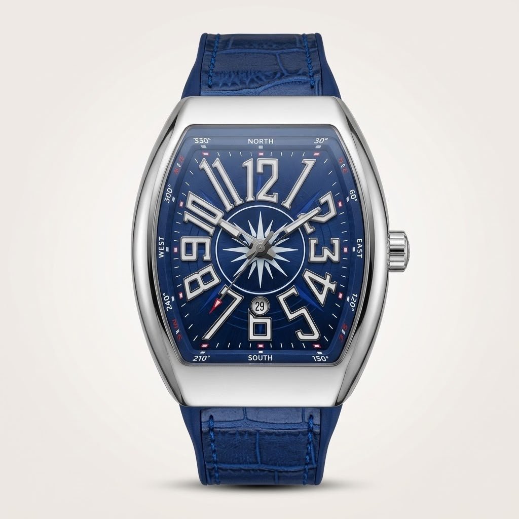 Stainless steel Tonneau-shaped watch with blue dial, nautical compass rose, large Arabic numerals, and blue leather strap.