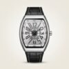 Stainless steel Tonneau-shaped watch with silver sunburst dial, large Arabic numerals, compass rose, and black leather strap.