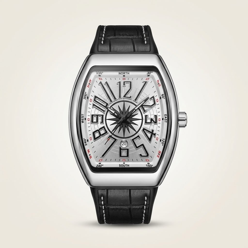 Stainless steel Tonneau-shaped watch with silver sunburst dial, large Arabic numerals, compass rose, and black leather strap.