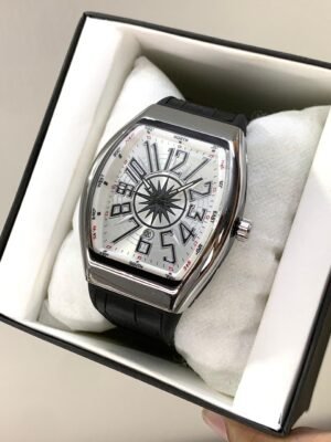 Tonneau Yachting Watch – Silver Compass Dial & Black Leather Strap Hover Image