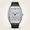 Stainless steel Tonneau watch with vertically brushed silver dial, black hands, small seconds sub-dial, and black leather strap.