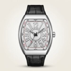 Stainless steel Tonneau watch with vertically brushed silver dial, black hands, small seconds sub-dial, and black leather strap.