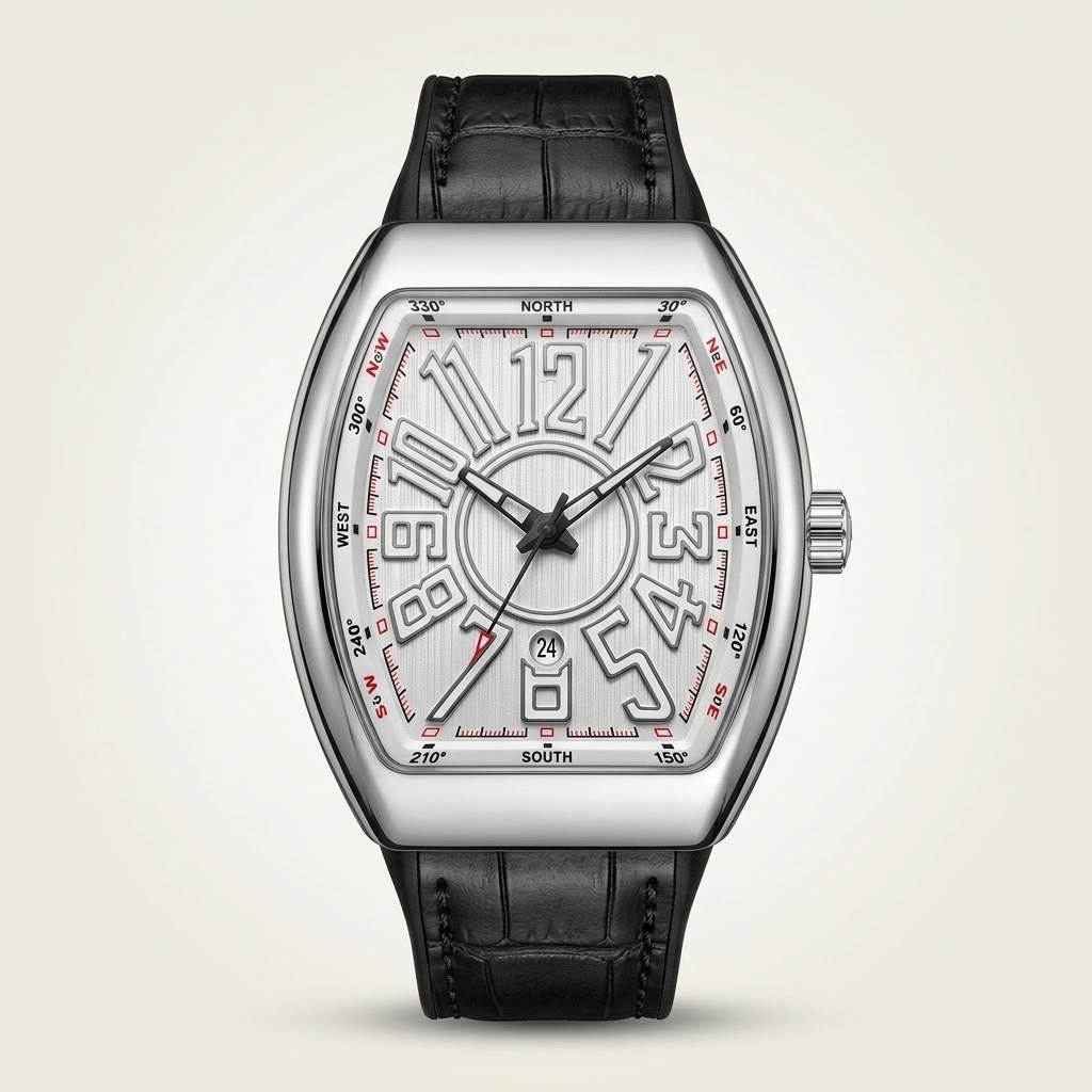 Stainless steel Tonneau watch with vertically brushed silver dial, black hands, small seconds sub-dial, and black leather strap.