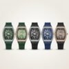 Five DENVOI Tonneau quartz watches with iced-out bezels and compass dials in green, black, and blue colorways.