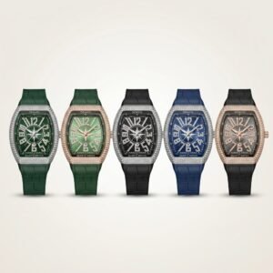 Five DENVOI Tonneau quartz watches with iced-out bezels and compass dials in green, black, and blue colorways.