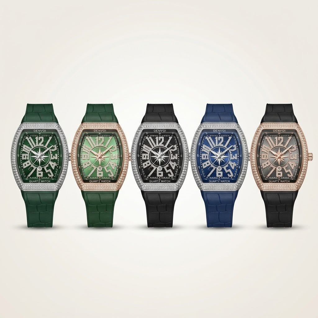 Five DENVOI Tonneau quartz watches with iced-out bezels and compass dials in green, black, and blue colorways.