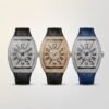 : Three iced-out Tonneau watches with crystal dials, featuring silver and rose gold cases with black and blue leather straps.