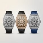 : Three iced-out Tonneau watches with crystal dials, featuring silver and rose gold cases with black and blue leather straps.