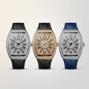 : Three iced-out Tonneau watches with crystal dials, featuring silver and rose gold cases with black and blue leather straps.