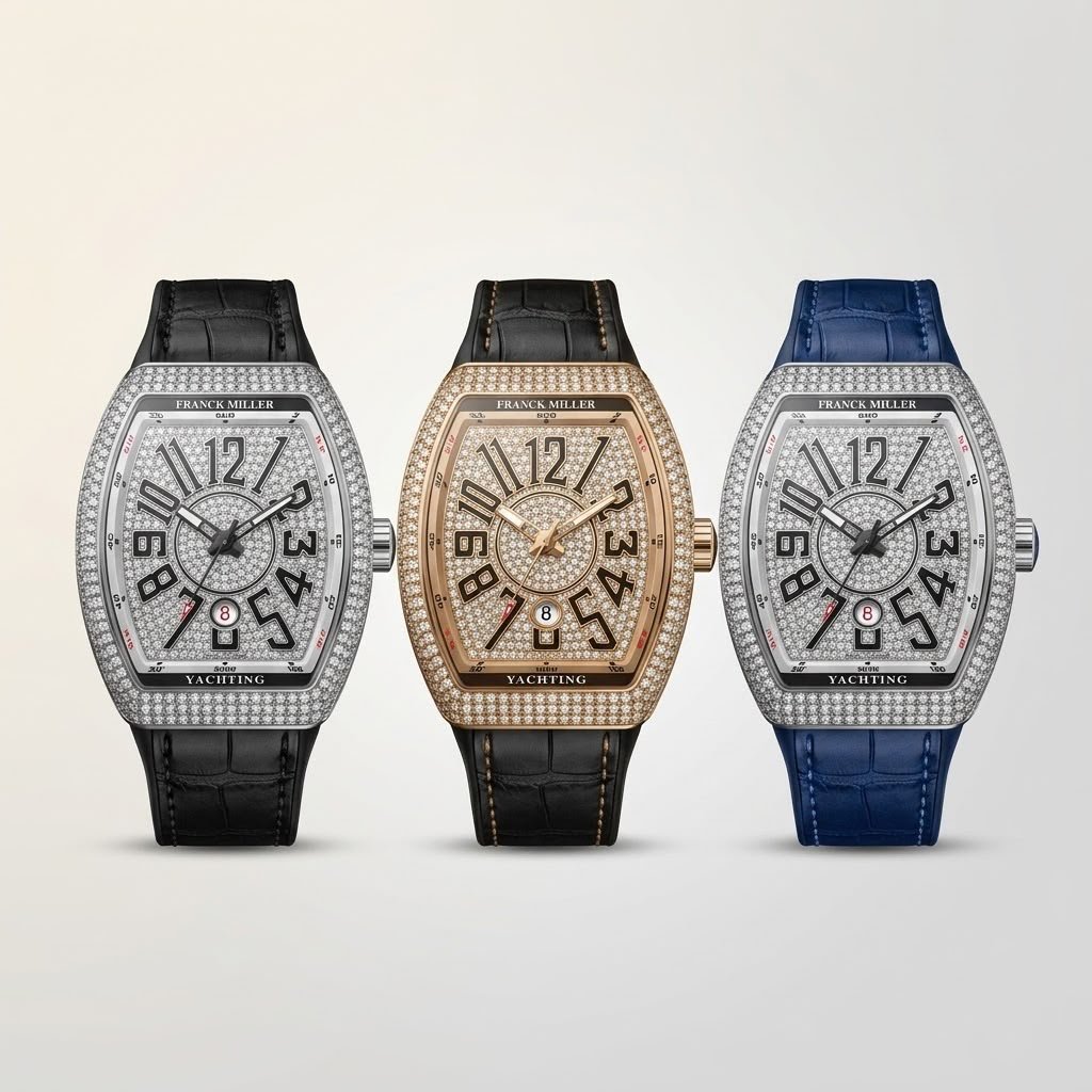 : Three iced-out Tonneau watches with crystal dials, featuring silver and rose gold cases with black and blue leather straps.