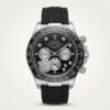 Silver-tone chronograph watch with black dial, diamond hour markers, black tachymeter bezel, and black rubber strap.