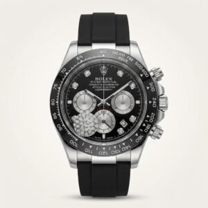 Silver-tone chronograph watch with black dial, diamond hour markers, black tachymeter bezel, and black rubber strap.