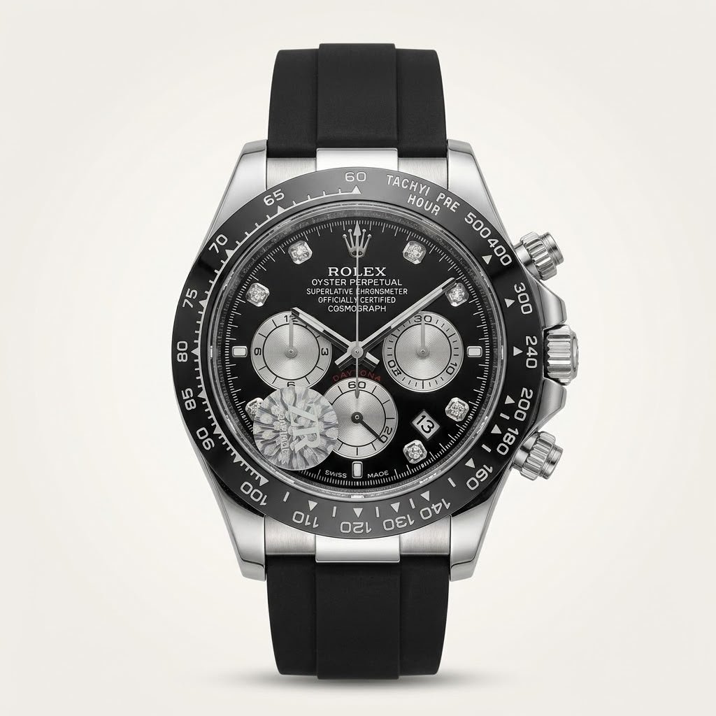 Silver-tone chronograph watch with black dial, diamond hour markers, black tachymeter bezel, and black rubber strap.