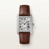 Silver rectangular tank-style watch with white dial, black Roman numerals, and brown leather strap.