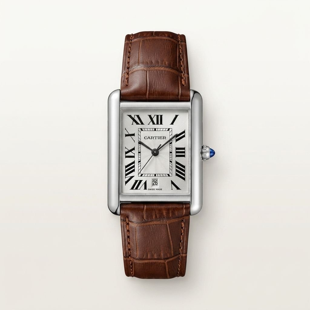 Silver rectangular tank-style watch with white dial, black Roman numerals, and brown leather strap.