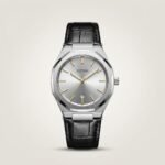 Bestwin men's quartz watch with silver dial, gold markers, and black leather strap