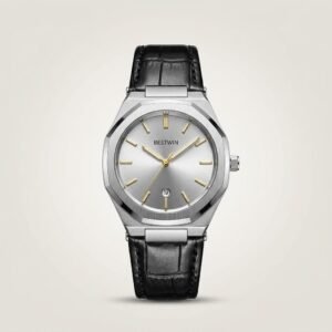 Bestwin men's quartz watch with silver dial, gold markers, and black leather strap
