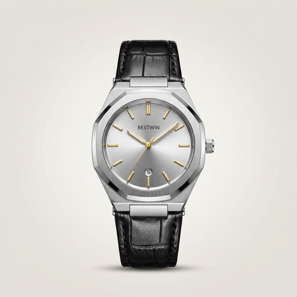 Bestwin men's quartz watch with silver dial, gold markers, and black leather strap