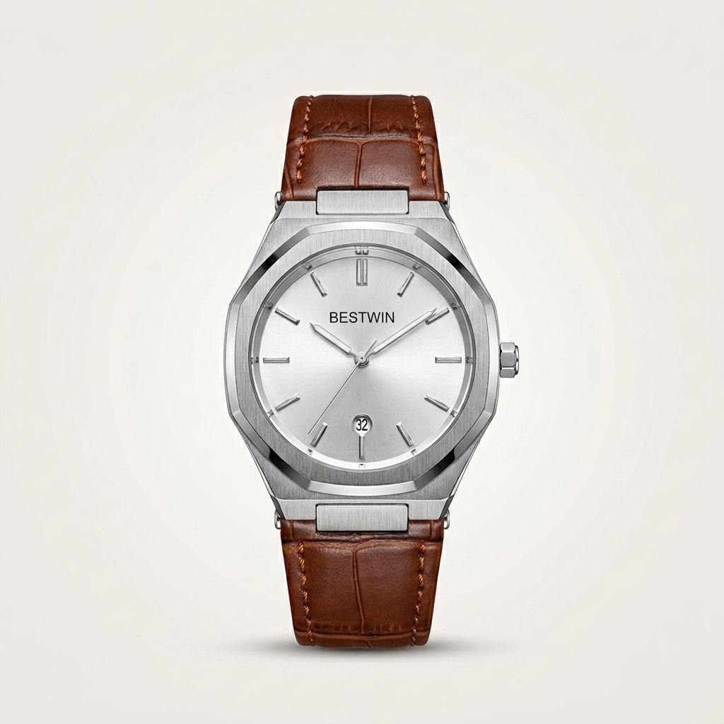 Bestwin men's quartz watch with silver dial, silver markers, and brown leather strap.