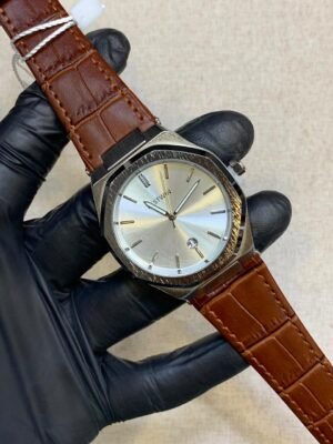 Bestwin Octagonal Silver Dial Watch – Silver Markers & Brown Leather Strap Hover Image