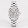 Silver-tone stainless steel watch with fluted bezel, sunburst dial, diamond hour markers, and date window at 3 o'clock.
