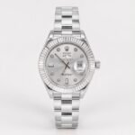 Silver-tone stainless steel watch with fluted bezel, sunburst dial, diamond hour markers, and date window at 3 o'clock.