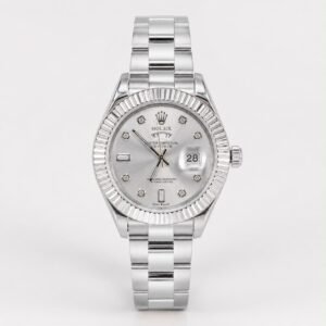 Silver-tone stainless steel watch with fluted bezel, sunburst dial, diamond hour markers, and date window at 3 o'clock.