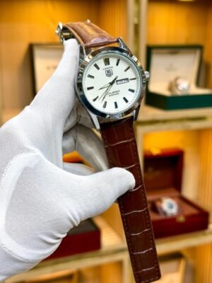 Tag Classic Style Quartz Watch – White Dial & Brown Leather Strap Hover Image