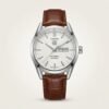 Silver-tone quartz dress watch with white dial, silver indices, and brown leather strap
