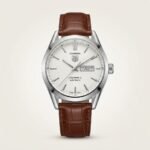 Silver-tone quartz dress watch with white dial, silver indices, and brown leather strap