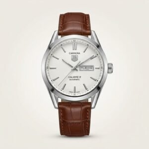 Silver-tone quartz dress watch with white dial, silver indices, and brown leather strap