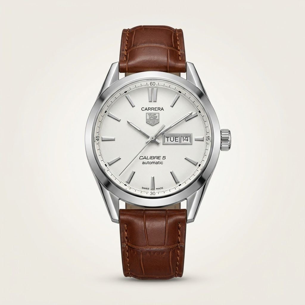 Silver-tone quartz dress watch with white dial, silver indices, and brown leather strap