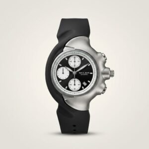 Silver sculpted Y2K style Miler watch with black dial, silver sub-dials, and black rubber strap.