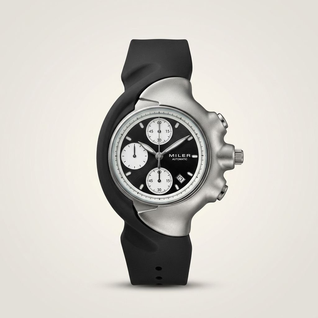 Silver sculpted Y2K style Miler watch with black dial, silver sub-dials, and black rubber strap.