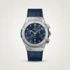 Silver-tone quartz chronograph watch with blue dial, silver indices, two sub-dials, and blue leather strap